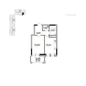 1-к квартира, строящийся дом, 47м2, 12/17 этаж