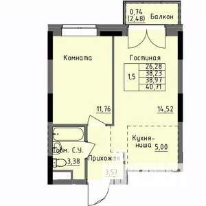 1-к квартира, строящийся дом, 39м2, 15/17 этаж