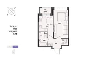 1-к квартира, вторичка, 35м2, 3/17 этаж
