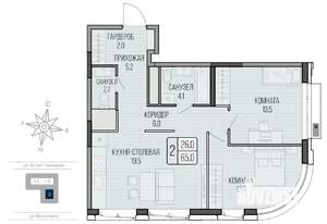 2-к квартира, вторичка, 65м2, 2/16 этаж