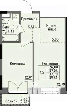 1-к квартира, строящийся дом, 38м2, 6/17 этаж