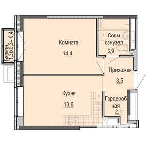 1-к квартира, строящийся дом, 38м2, 14/25 этаж