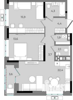 2-к квартира, вторичка, 72м2, 10/16 этаж