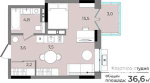 Студия квартира, строящийся дом, 37м2, 13/15 этаж
