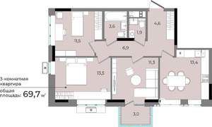3-к квартира, строящийся дом, 70м2, 7/15 этаж