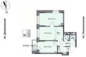 3-к квартира, строящийся дом, 55м2, 10/17 этаж