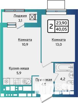 2-к квартира, строящийся дом, 40м2, 14/17 этаж