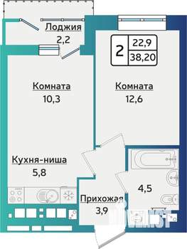 2-к квартира, строящийся дом, 38м2, 12/16 этаж