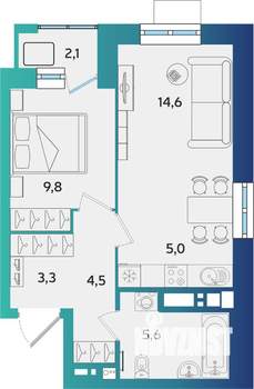 2-к квартира, строящийся дом, 44м2, 12/16 этаж