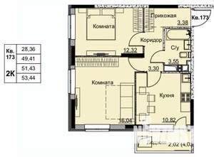 2-к квартира, строящийся дом, 51м2, 16/17 этаж