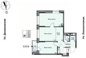 3-к квартира, строящийся дом, 55м2, 15/17 этаж