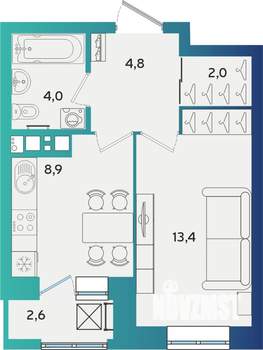 1-к квартира, строящийся дом, 34м2, 10/17 этаж