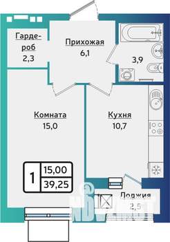 1-к квартира, строящийся дом, 39м2, 6/17 этаж