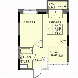 1-к квартира, строящийся дом, 39м2, 10/17 этаж