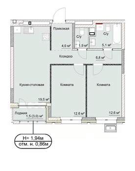 3-к квартира, сданный дом, 65м2, 2/17 этаж