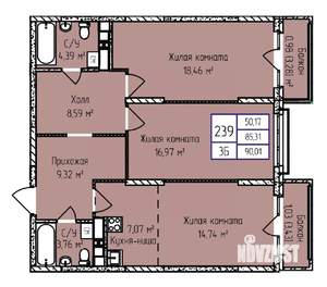 3-к квартира, строящийся дом, 90м2, 17/17 этаж