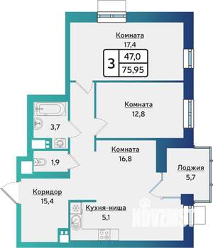 3-к квартира, строящийся дом, 76м2, 6/17 этаж