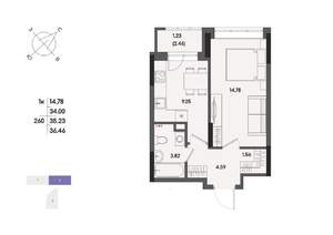 1-к квартира, вторичка, 35м2, 2/17 этаж