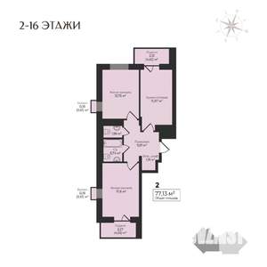 2-к квартира, строящийся дом, 77м2, 6/17 этаж