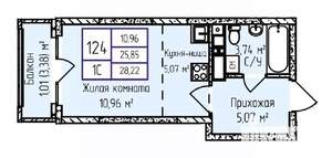 1-к квартира, строящийся дом, 28м2, 9/17 этаж