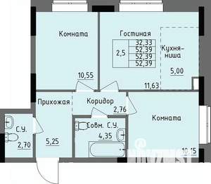 2-к квартира, строящийся дом, 52м2, 1/17 этаж