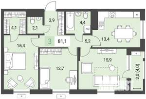 3-к квартира, строящийся дом, 81м2, 4/16 этаж