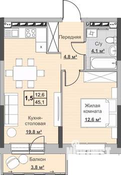 1-к квартира, строящийся дом, 45м2, 18/18 этаж