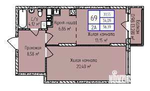 2-к квартира, строящийся дом, 56м2, 6/17 этаж