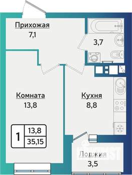 1-к квартира, строящийся дом, 35м2, 2/16 этаж