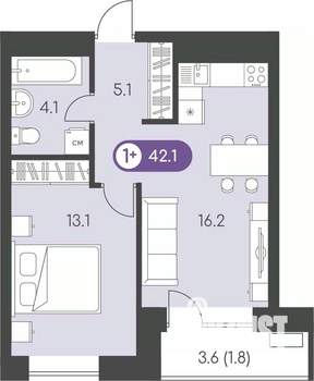 1-к квартира, вторичка, 42м2, 23/24 этаж