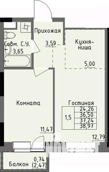 1-к квартира, строящийся дом, 37м2, 2/17 этаж