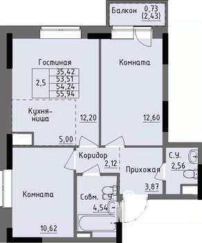 2-к квартира, строящийся дом, 54м2, 2/17 этаж