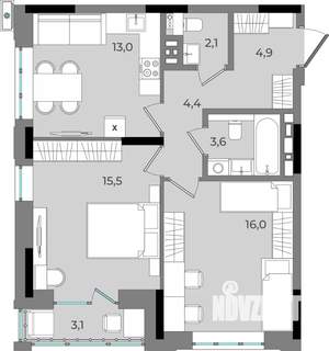 2-к квартира, вторичка, 63м2, 3/16 этаж