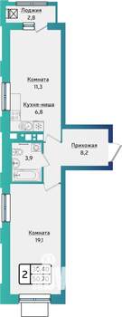 2-к квартира, строящийся дом, 51м2, 11/17 этаж
