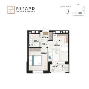 2-к квартира, строящийся дом, 39м2, 13/17 этаж