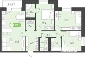 3-к квартира, строящийся дом, 88м2, 7/9 этаж