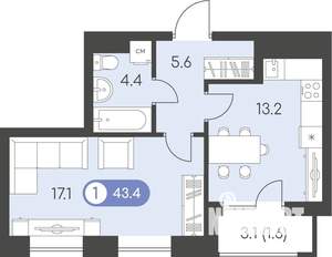 1-к квартира, строящийся дом, 43м2, 9/10 этаж