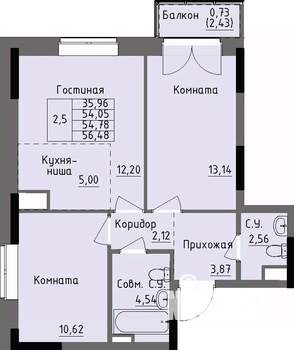 2-к квартира, строящийся дом, 55м2, 5/17 этаж