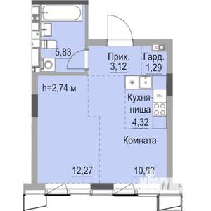 Студия квартира, строящийся дом, 39м2, 19/23 этаж