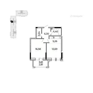 1-к квартира, вторичка, 54м2, 3/17 этаж