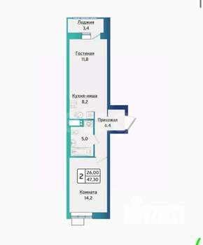 2-к квартира, вторичка, 45м2, 3/16 этаж