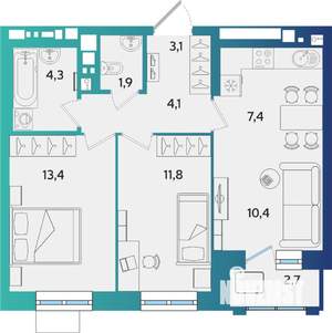 3-к квартира, строящийся дом, 58м2, 2/16 этаж