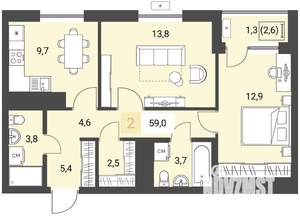 2-к квартира, строящийся дом, 59м2, 14/16 этаж