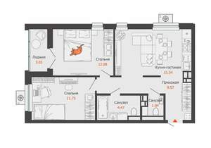 2-к квартира, вторичка, 57м2, 2/16 этаж