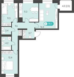 3-к квартира, строящийся дом, 75м2, 8/10 этаж