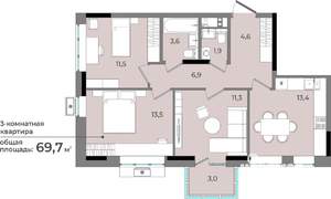 3-к квартира, строящийся дом, 70м2, 12/15 этаж