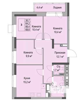 3-к квартира, вторичка, 66м2, 11/17 этаж