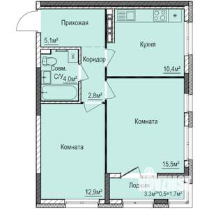 2-к квартира, строящийся дом, 52м2, 15/17 этаж
