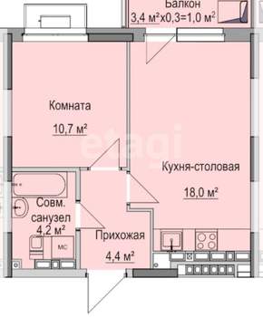 1-к квартира, вторичка, 41м2, 16/17 этаж