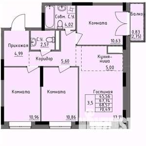 3-к квартира, строящийся дом, 69м2, 17/17 этаж